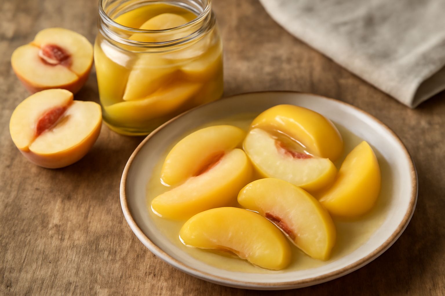 Barattolo di vetro trasparente con pesche a spicchi immerse in sciroppo trasparente, illuminate dal sole, con una pellicola in carta forno sigillata sulla parte superiore