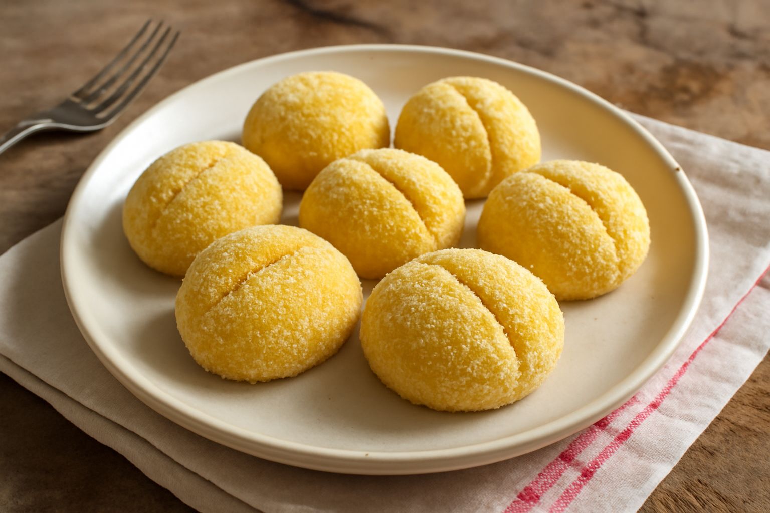 Pesche di semola dorate e pelate, disposte su piatto bianco, forma ovale leggermente appiattita, con tacche di mandorla nelle fessure, sfumature giallo-arancione dorato
