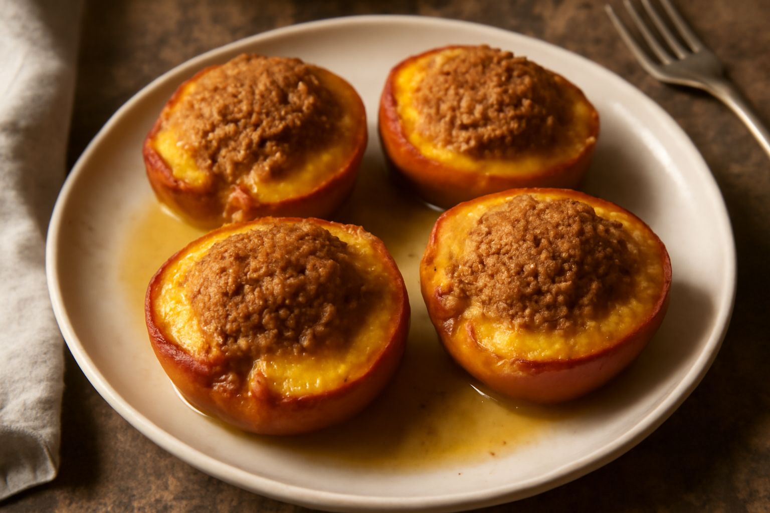 Sei mezze pesche dorate cotte al forno, riempite di un composto marrone di amaretti sbriciolati, disposte in una pirofila bianca con tracce di burro fuso, guarnite con mandorle tostate