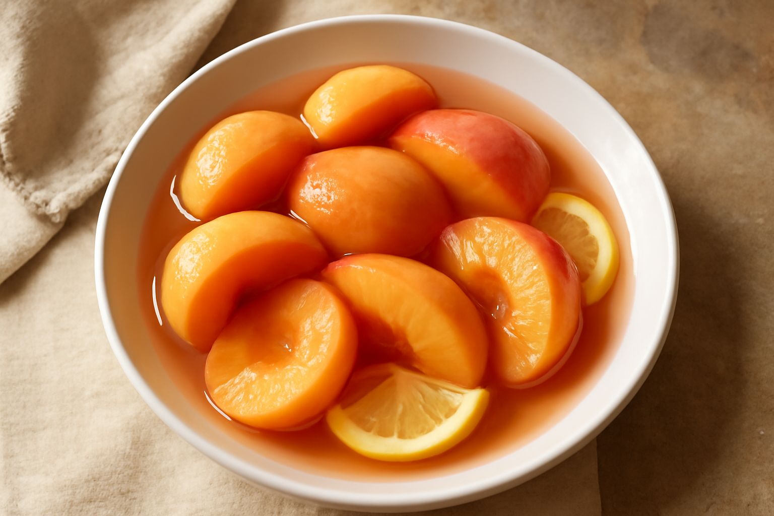 Vasetto di vetro con pesche sciroppate in sciroppo trasparente dorato, spicchi di pesca color albicocca visibili, coperchio di latta, sfondo bianco con spighe di grano
