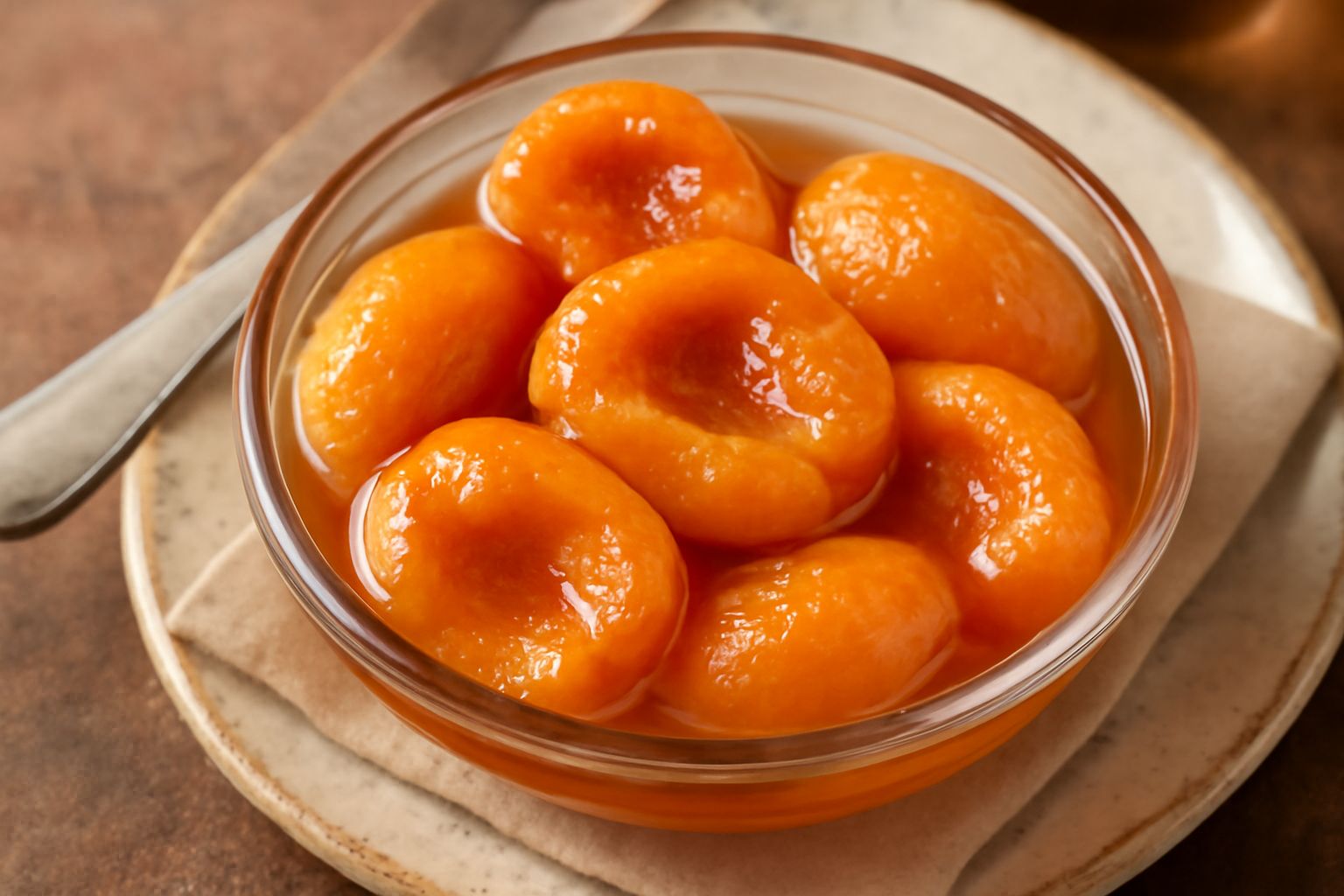 Pesche secche in sciroppo dentro barattoli di vetro trasparente, dal colore ambrato dorato, con pezzi di frutta visibili nel liquido trasparente e lucente, su sfondo bianco.