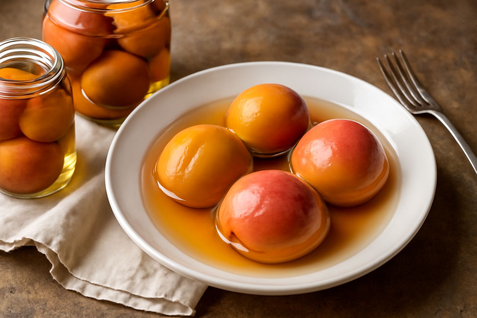 Vasetto di vetro con pesche intere color giallo-arancio immerse in liquido trasparente lievemente dorato, con foglie di menta fresche e una bacchetta di vaniglia, sfondo bianco naturale