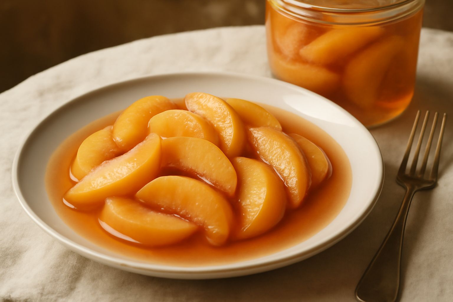 Barattoli di vetro trasparenti con pesche a spicchi immerse in sciroppo trasparente e lucido, pesche dal colore rosa e giallo dorato, etichette bianche sugli orli, due pesche fresche accanto ai baratt