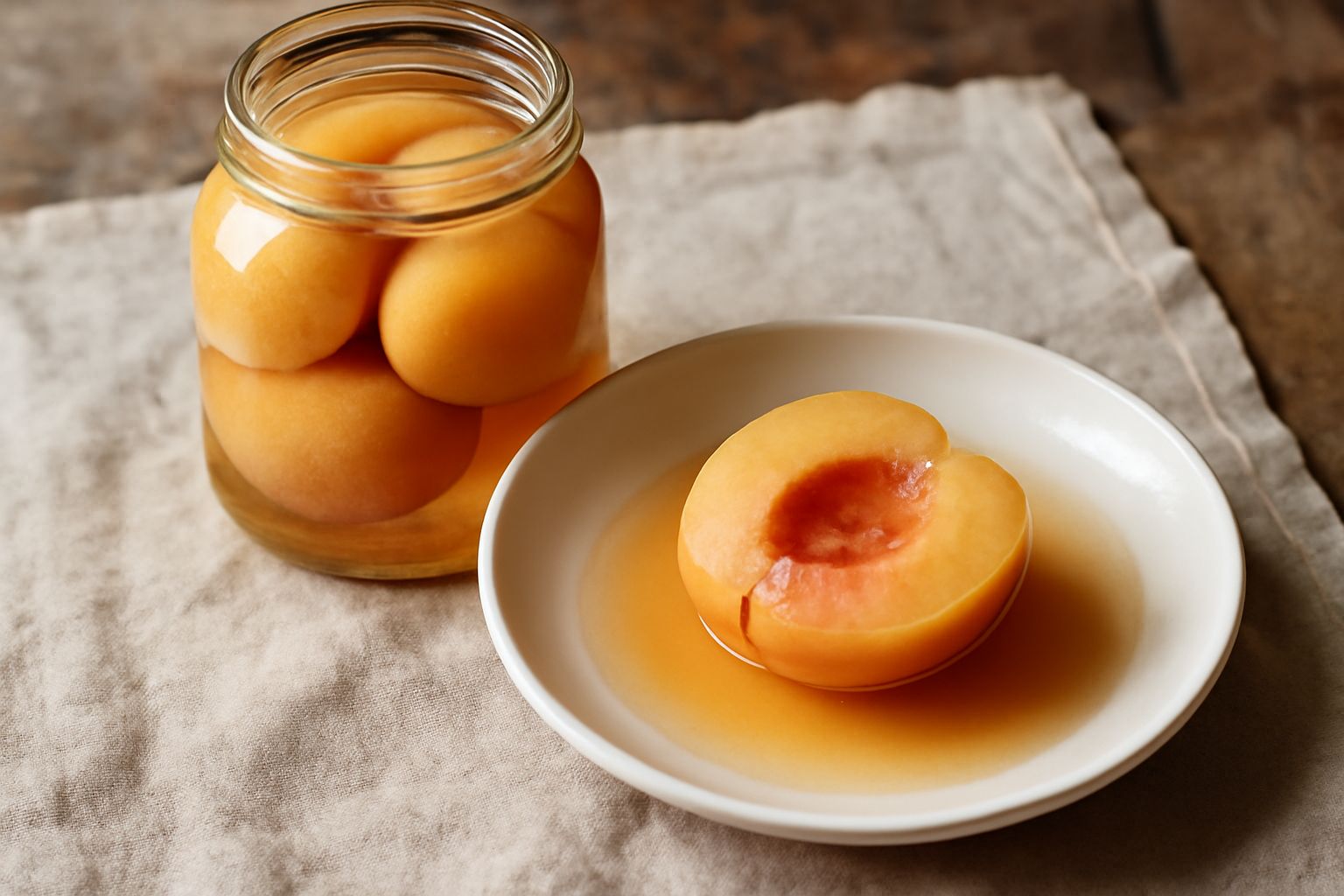 Barattolo di vetro trasparente con pesche intere dorate e semitrasparenti immerse in liquido incolore, spezie visibili (stecca di cannella, chiodi di garofano), etichetta bianca con data di preparazio
