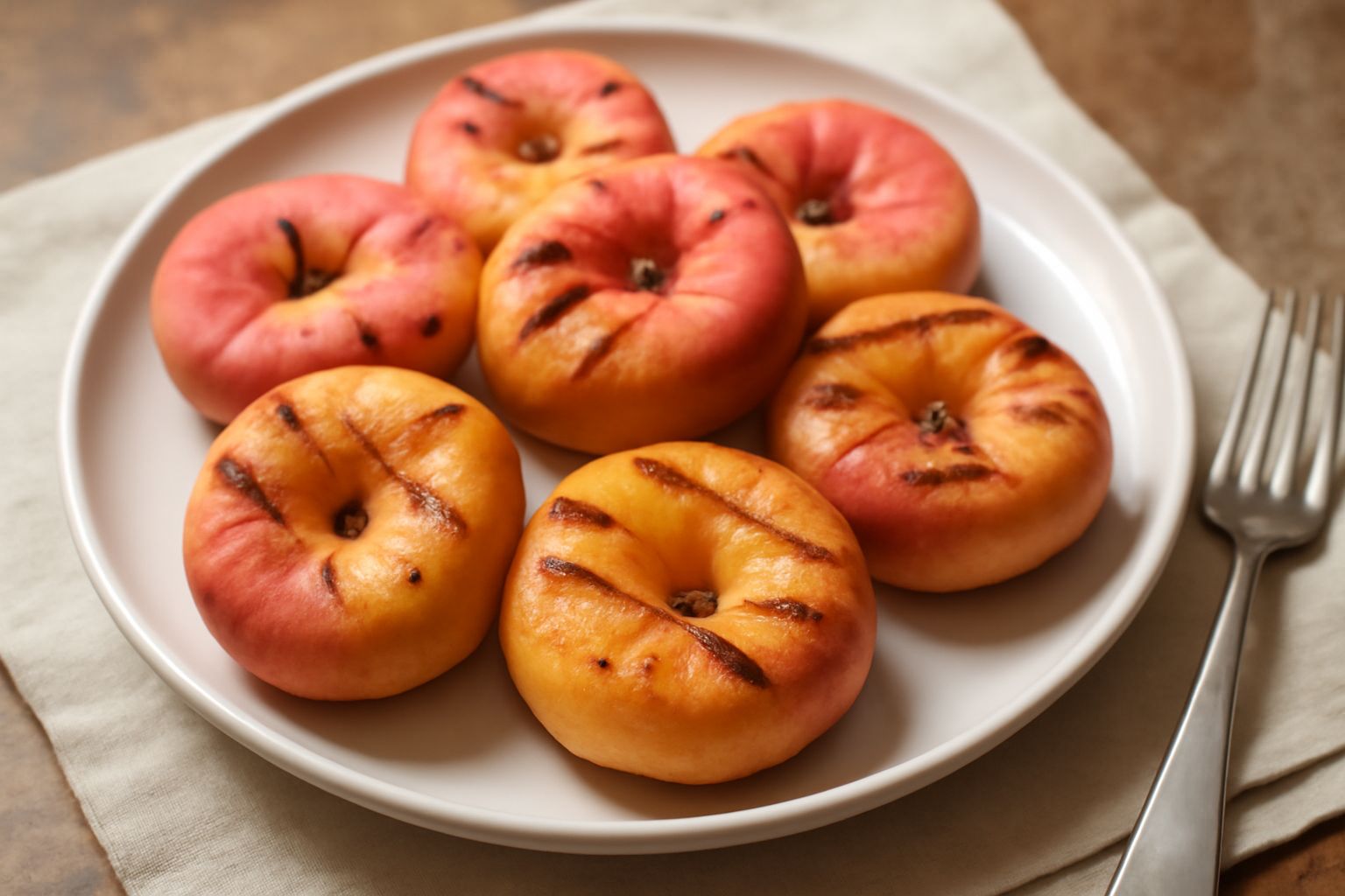 Tre pesche tabacchiere appiattite di colore rosa e giallo adagiate su un piatto bianco, sezione trasversale visibile mostrando la polpa dorata e il nocciolo al centro, foglie verdi sullo sfondo