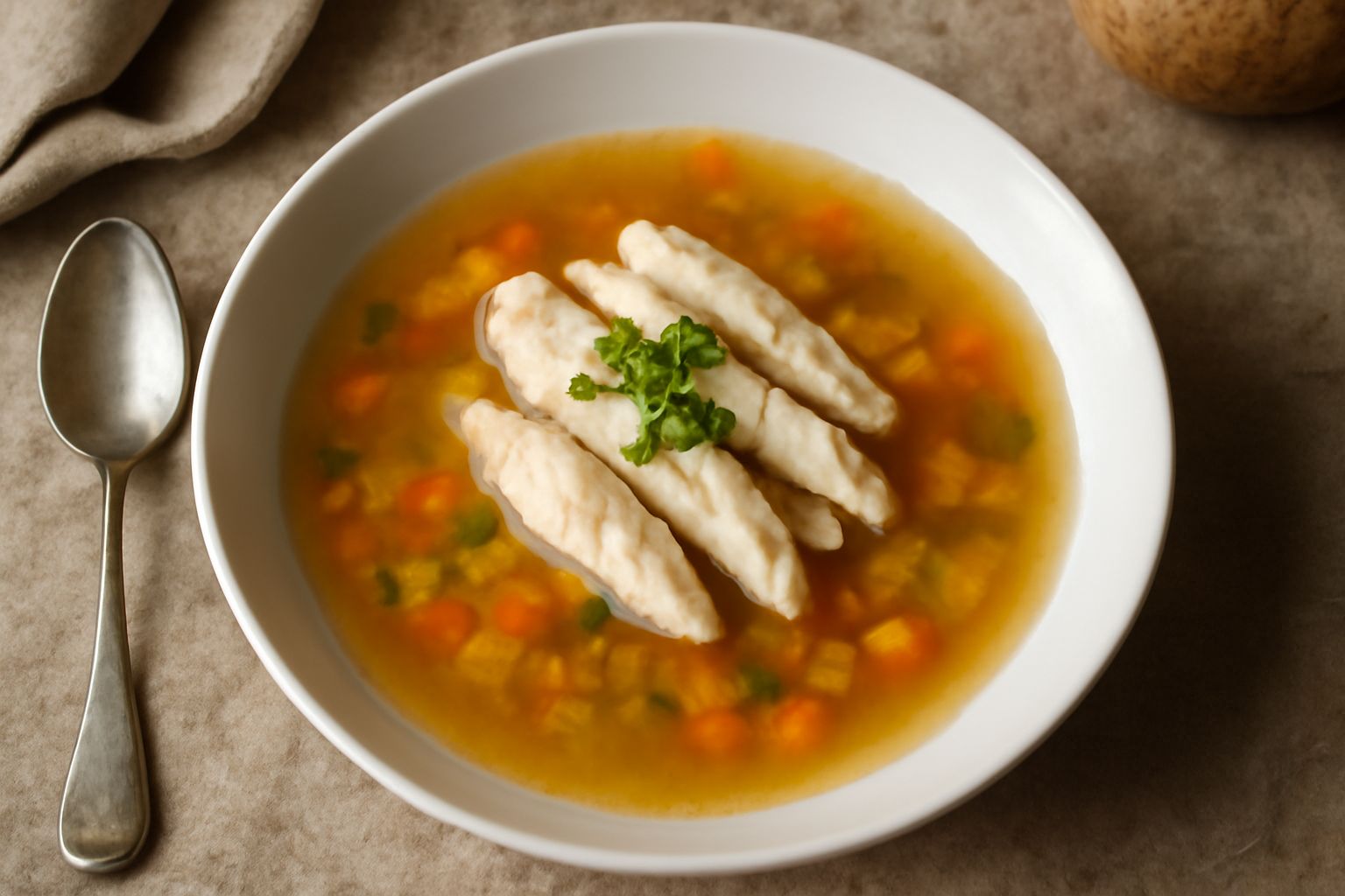Ciotola di porcellana bianca con brodo trasparente ambrato, con filetti di pesce bianco in superficie, guarnito con prezzemolo fresco e un rametto di aneto, accanto una cucchiaia di legno sul tavolo