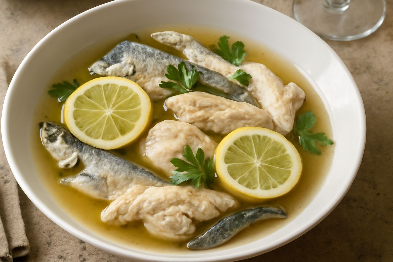 Pesci misti lessati in piatto bianco con brodo trasparente, limone fresco, prezzemolo verde e contorno di patate bollite morbide