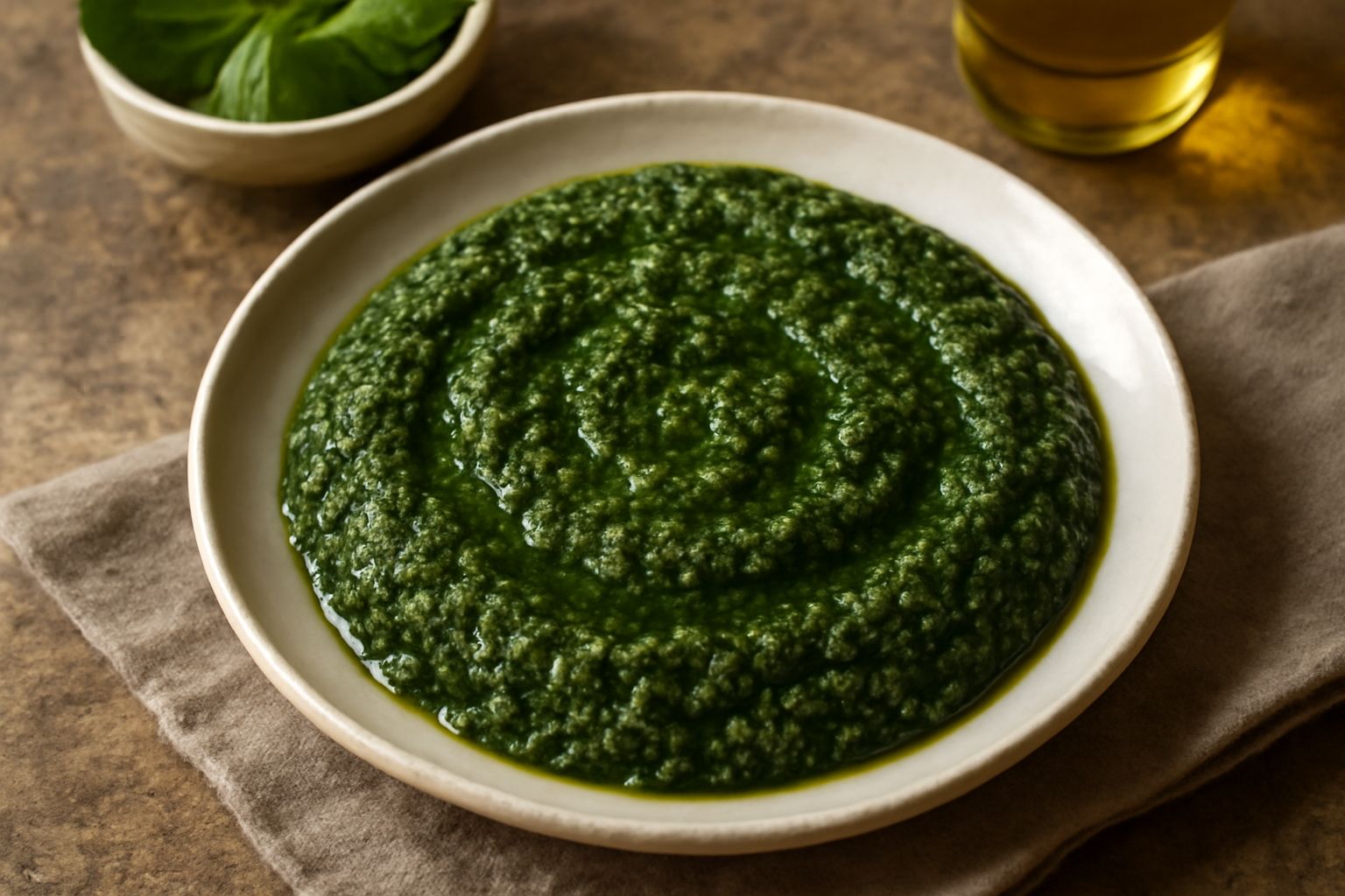 Ciotola di ceramica con pesto verde scuro e denso, decorato con una foglia di basilico fresco e some granuli di pecorino romano, accanto a mandorle sgusciate e aglio fresco su un tavolo di legno chiar