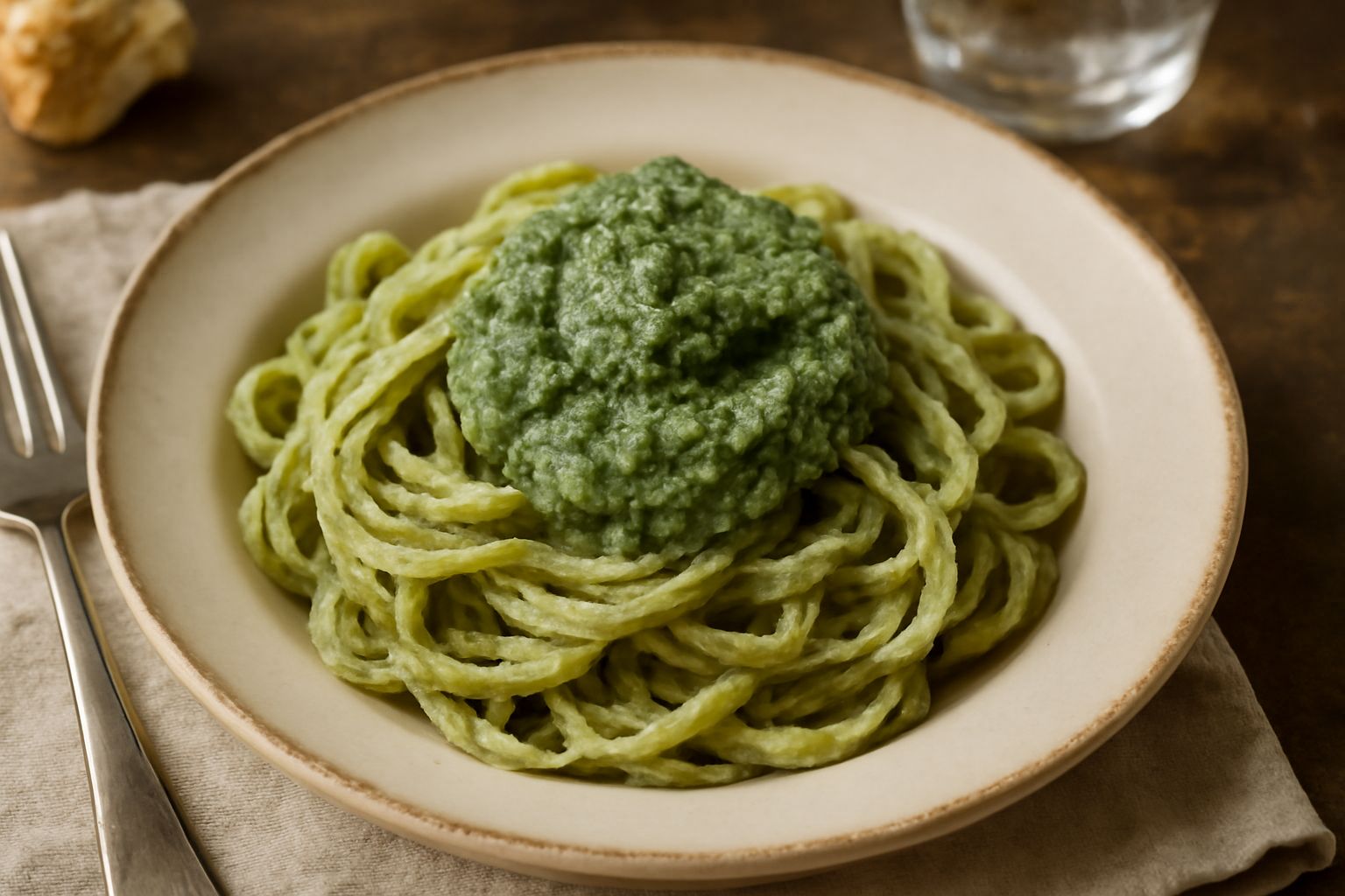 Pesto alla romana in una ciotola di ceramica bianca, color verde intenso con riflessi grigi, consistenza cremosa e granuli di pecorino visibili, cucchiaio di legno accanto