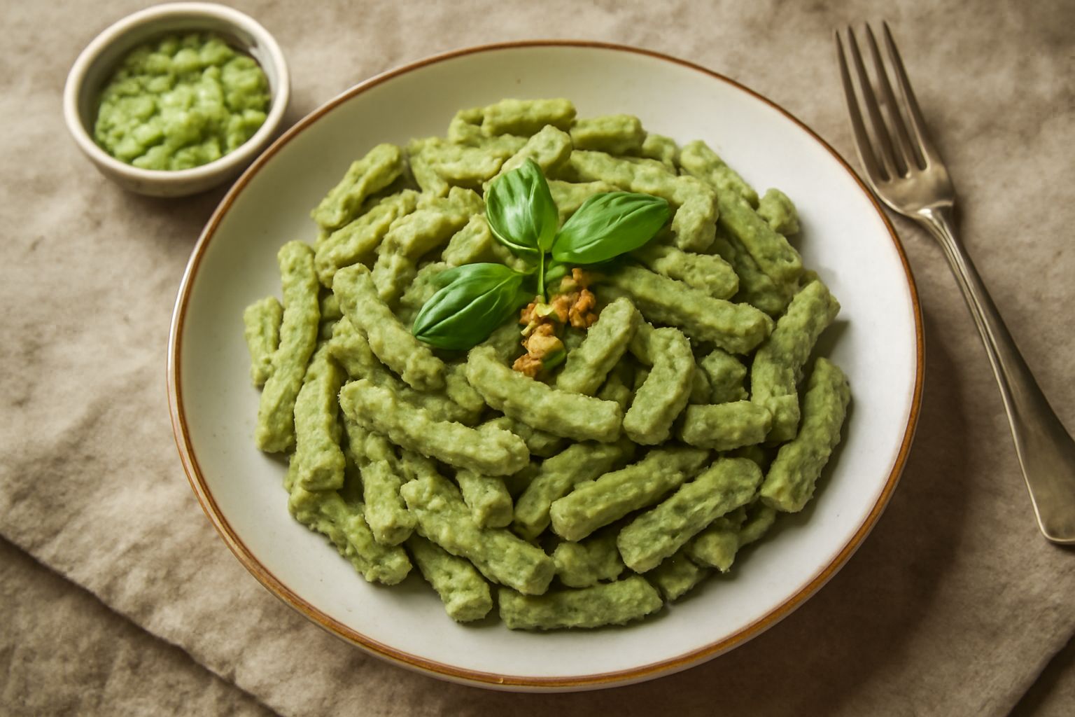Pesto all'alto atesino verde salvia in ciotola di ceramica bianca, con visibili frammenti di noci, foglie di basilico integre, cucchiaio di legno posato sul bordo, su tavolo di legno naturale con luce