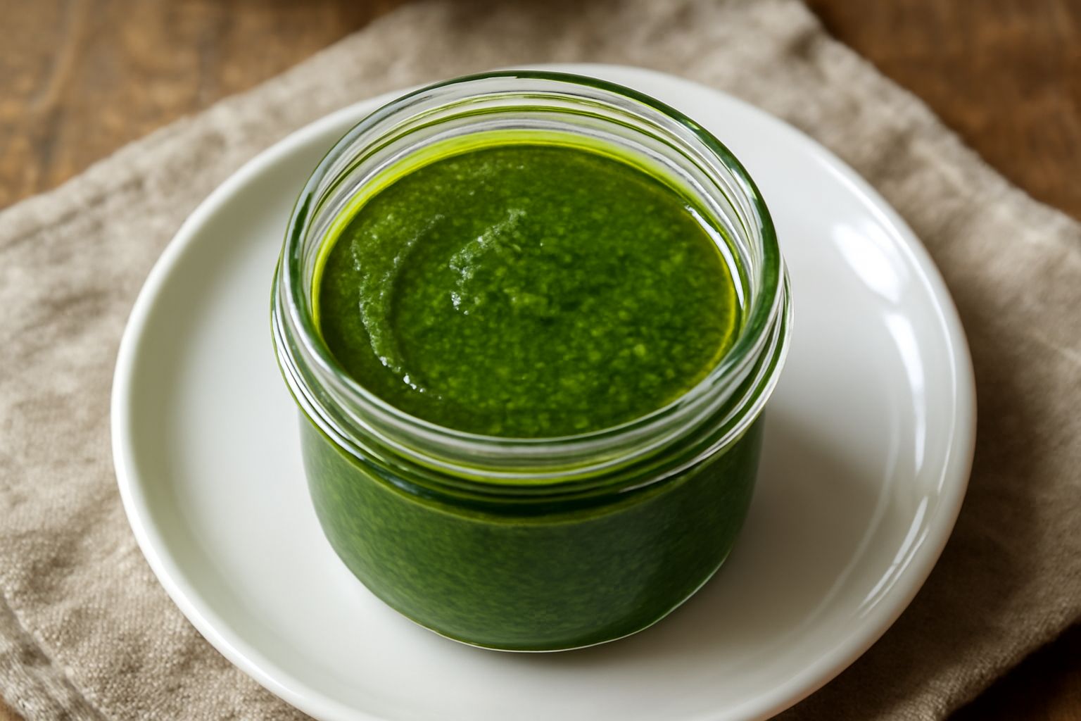 Vasetto di vetro con pesto verde scuro coperto da uno strato lucido di olio dorato, basilico fresco accanto, cucchiaio di legno appoggiato sul bordo