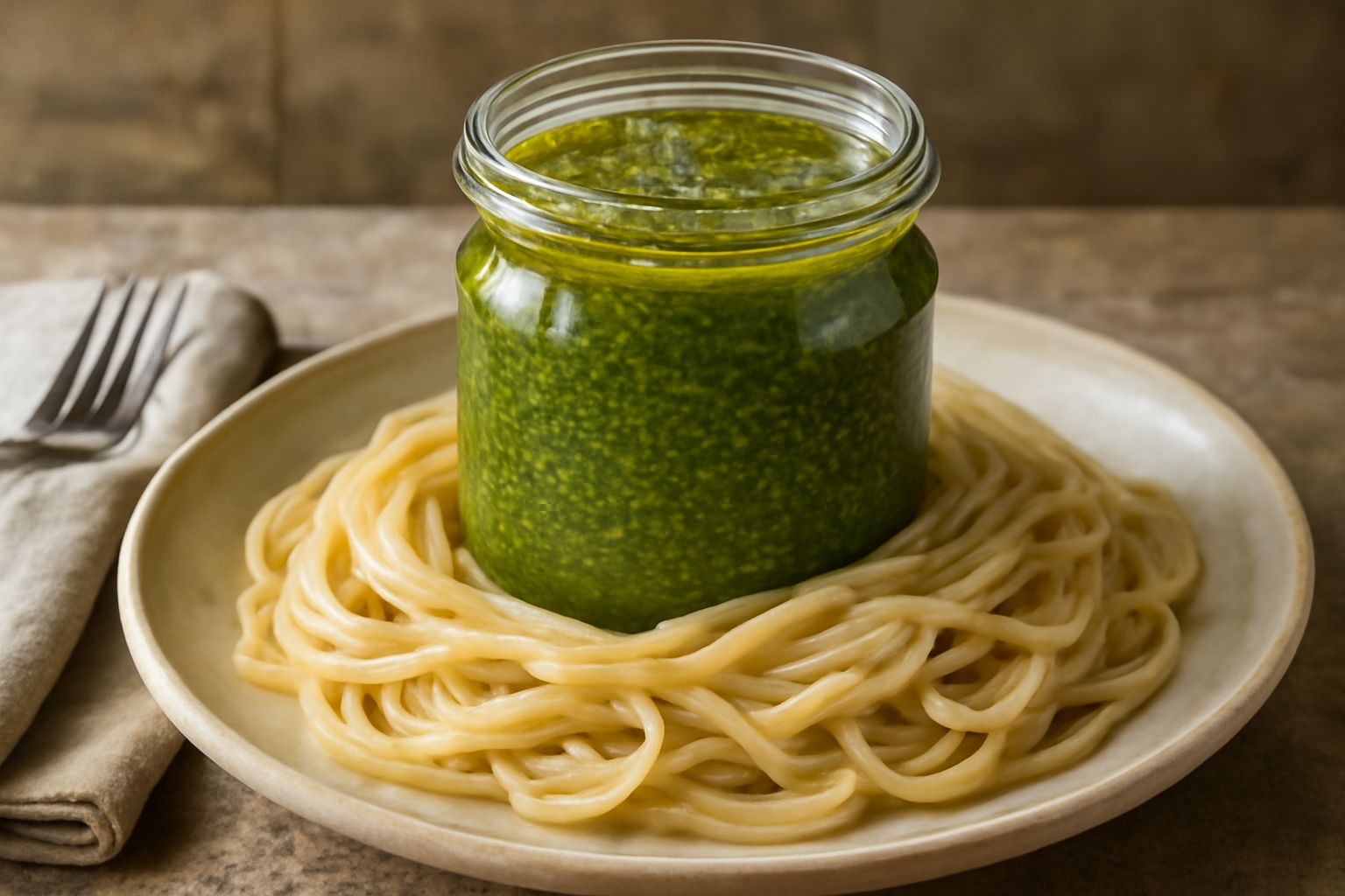 Barattolo di vetro con pesto verde scuro coperto da uno strato di olio dorato, con foglie di basilico fresco accanto e un cucchiaio di legno, su superficie di marmo bianco