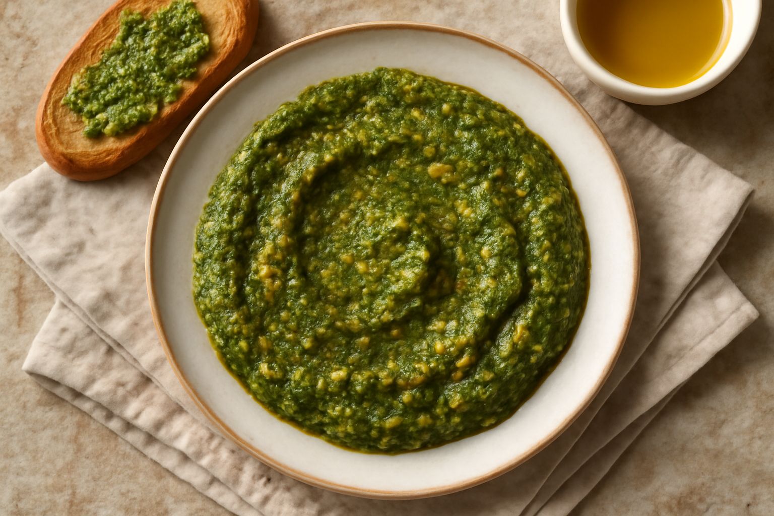 Ciotola bianca riempita di pesto verde scuro con grana dorata visibile, condito con gocce di olio d'oliva lucido, accanto a un cucchiaio di legno e foglie di basilico fresco sparse sul tavolo grigio
