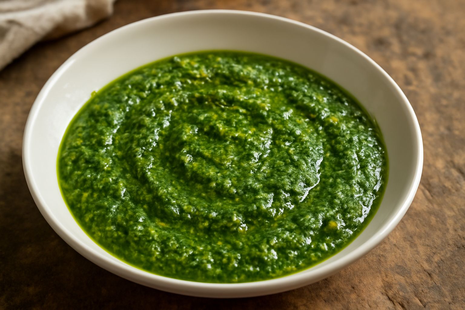 Ciotola di ceramica bianca contenente pesto verde intenso e cremoso con visibili frammenti di erbe aromatiche fresche, un filo d'olio d'oliva in superficie, circondata da foglie di basilico, prezzemol