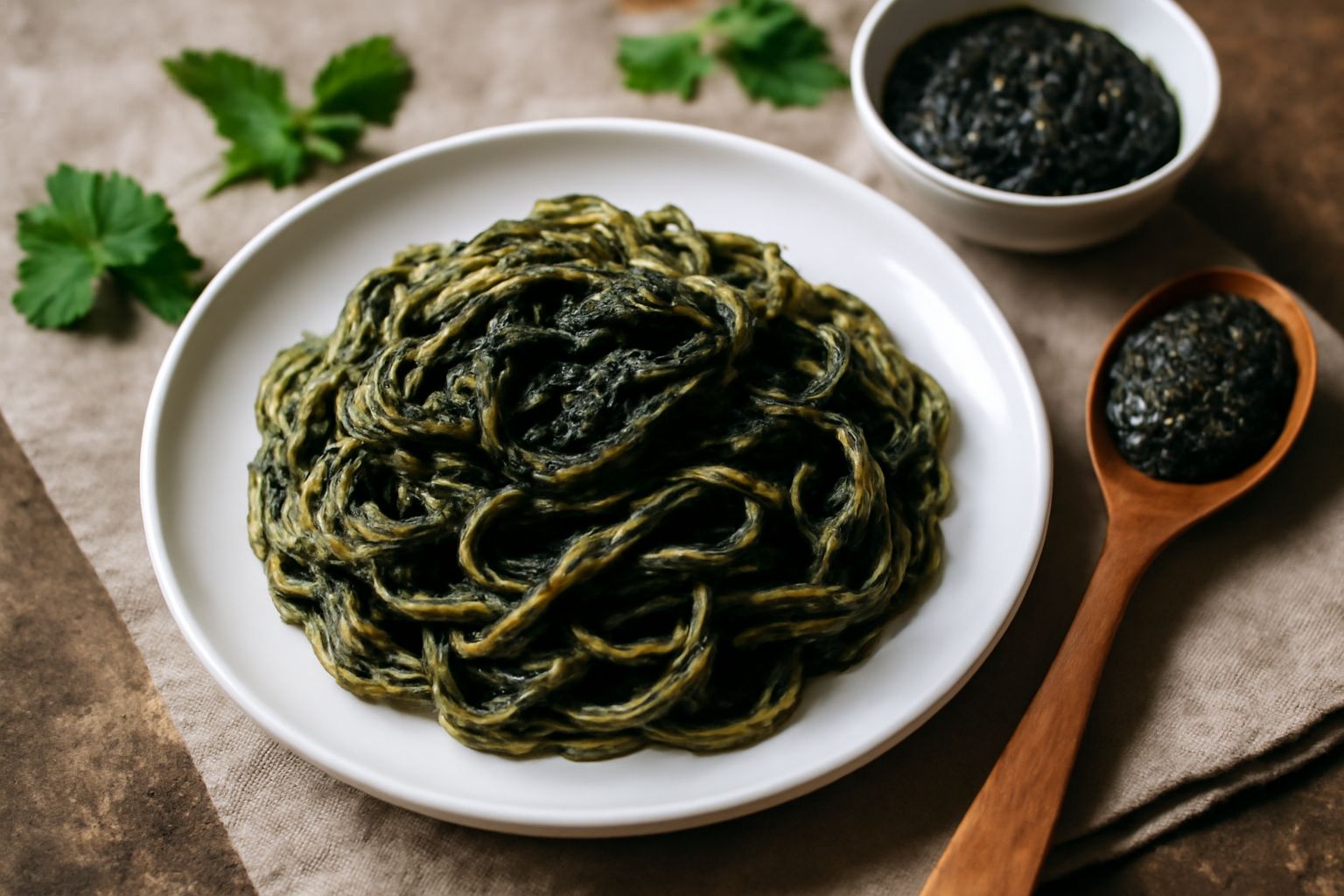 Pesto d'erbe selvatiche di colore verde scuro in una ciotola bianca, con tracce di olio, accompagnato da erbe fresche appena raccolte: ortica, tarassaco e malva su un tavolo di legno rustico