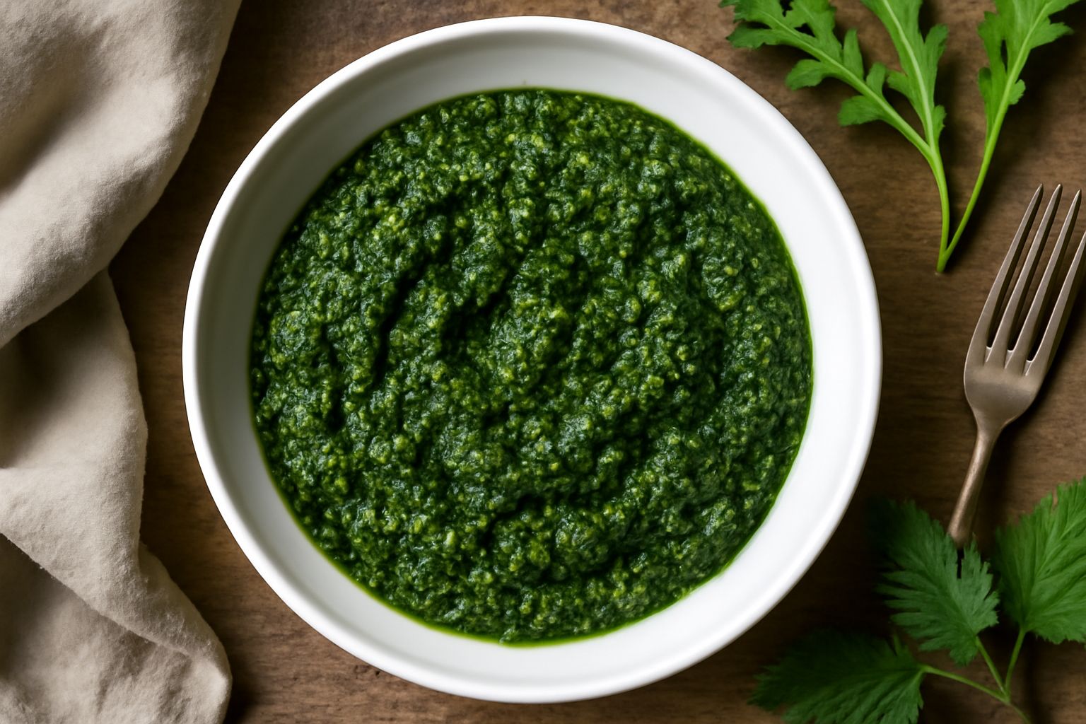 Ciotola di ceramica contenente pesto verde intenso con visibili particelle di erbe, noci e pinoli, accanto a un mazzo di ortica fresca e foglie di rucola selvatica su tavolo di legno