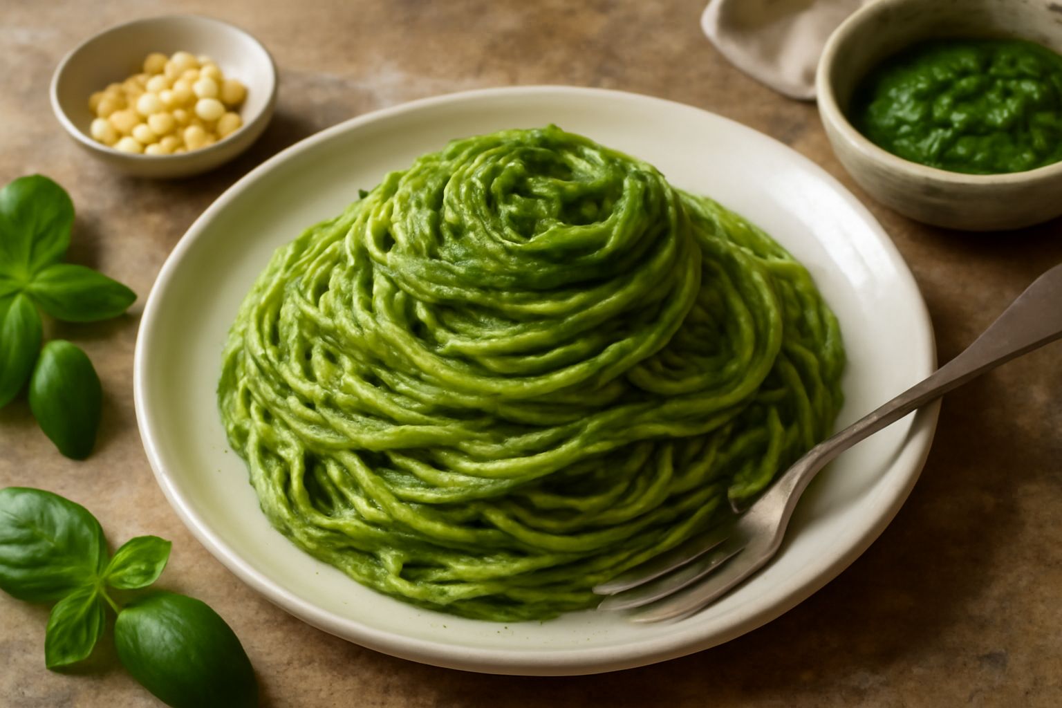 Ciotola di pesto di basilico verde brillante con consistenza cremosa, guarnito con una foglia di basilico fresco e quelche pinolo visibile in superficie, su sfondo di marmo bianco