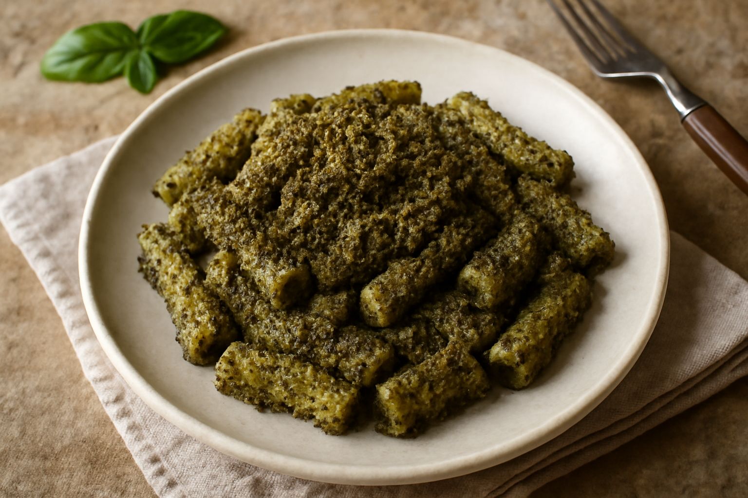 Ciotola di ceramica bianca con pesto di basilico agrigentino verde intenso, cremoso e omogeneo, guarnito con mandorle intere tostate e foglie di basilico fresco sopra, circondato da pasta fresca e man