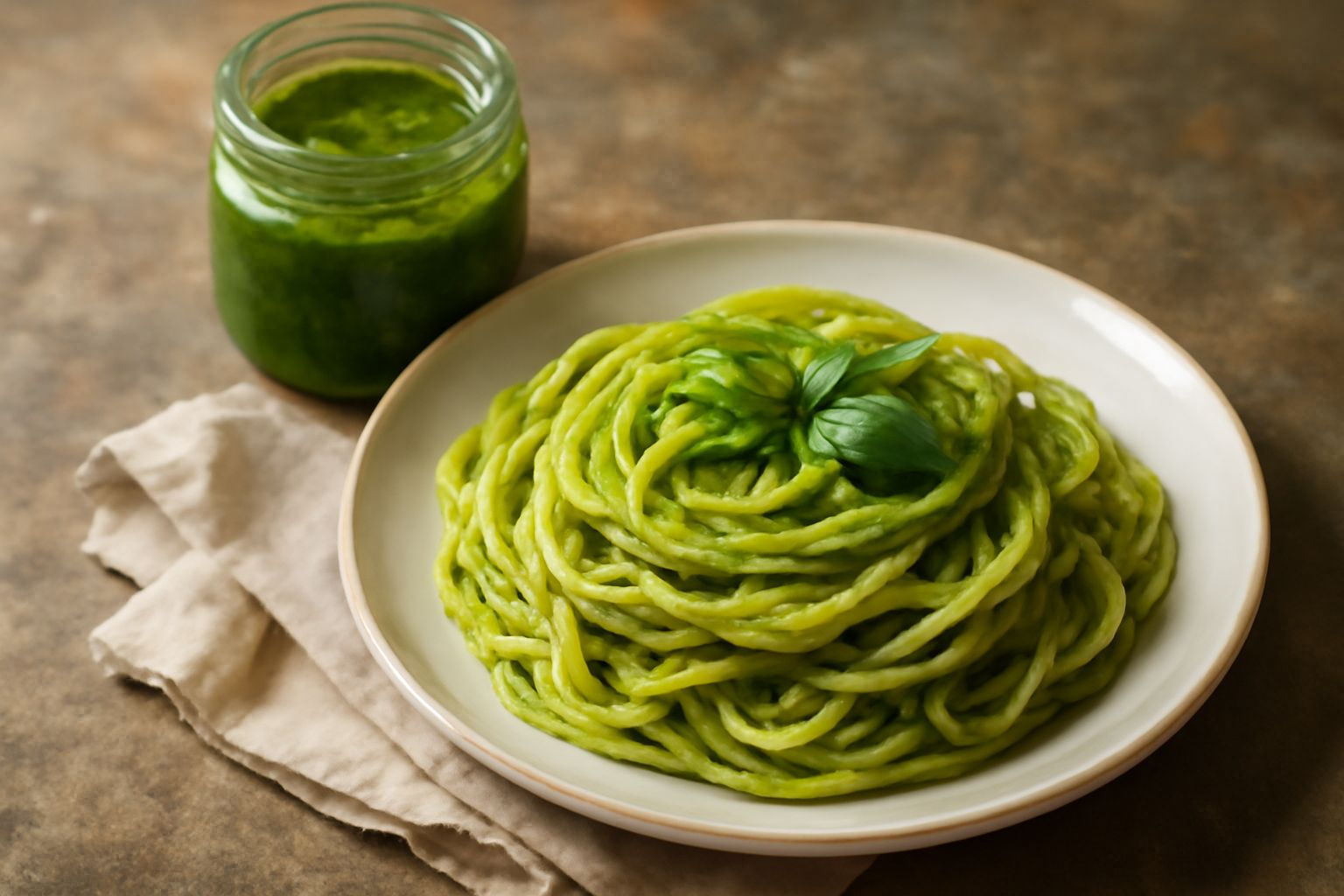 Vasetto di vetro con pesto di basilico verde brillante, superficie liscia e lucida coperta da un velo d'olio, accanto a foglie fresche di basilico e cucchiaio di legno