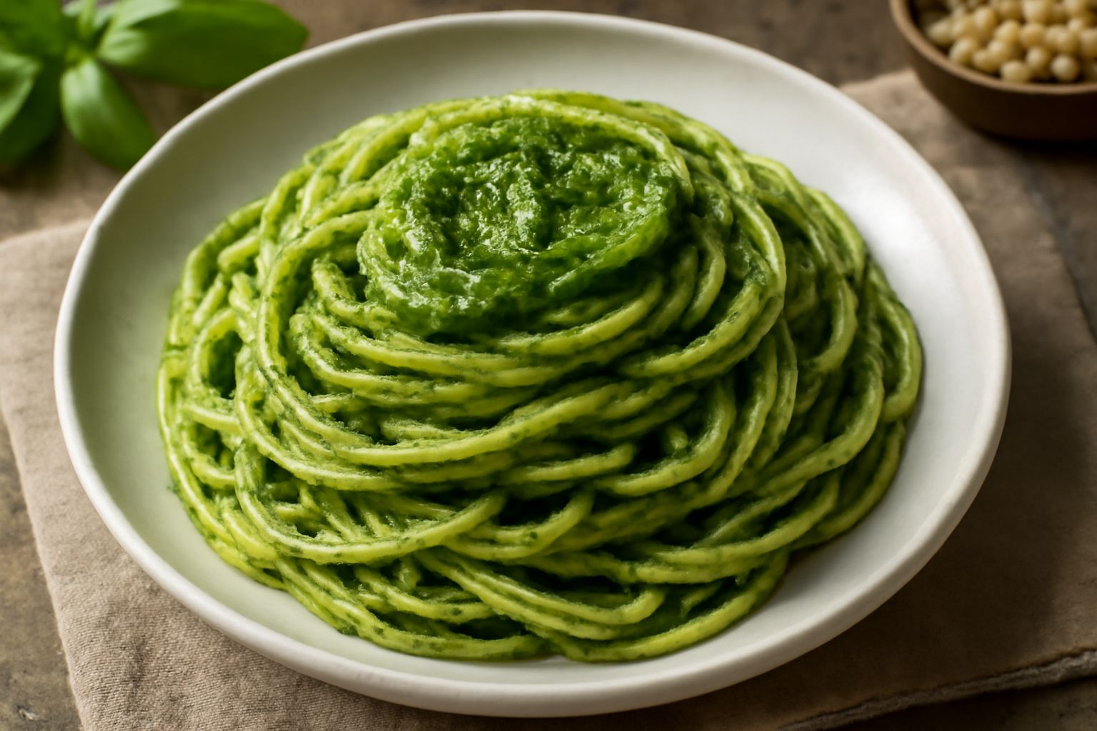 Ciotola di ceramica bianca riempita di pesto verde brillante con superficie liscia e lucida, accanto a foglie di basilico fresco, pinoli sparsi e una bottiglia di olio extravergine d'oliva