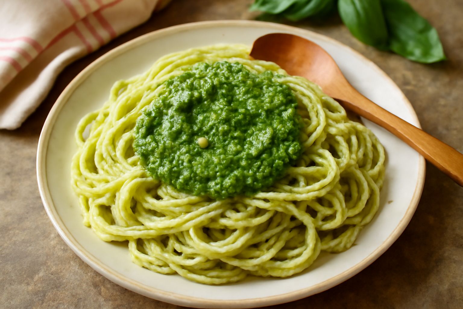 Pesto verde intenso con grana visibile di ricotta salata, disposto in una ciotola di ceramica bianca, con foglie di basilico fresco sparse accanto e gocce di olio d'oliva trasparente sulla superficie