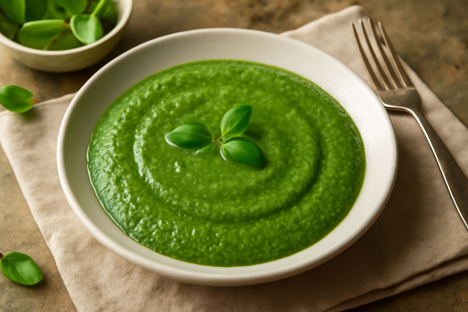 Ciotola bianca con pesto di basilico minore verde brillante, una manciata di foglie di basilico fresco accanto, cucchiaio di legno, sfondo bianco