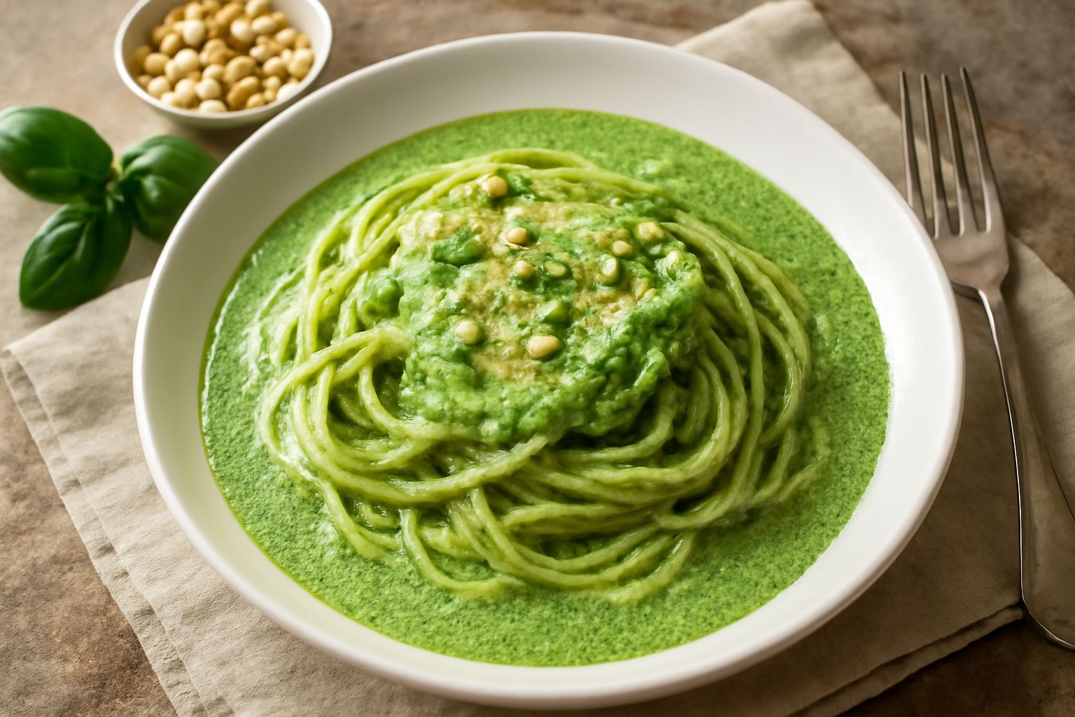Pesto di basilico napoletano di colore verde brillante in una ciotola di ceramica bianca, con foglie di basilico fresco e pinoli sparsi intorno, olio d'oliva trasparente visibile in superficie