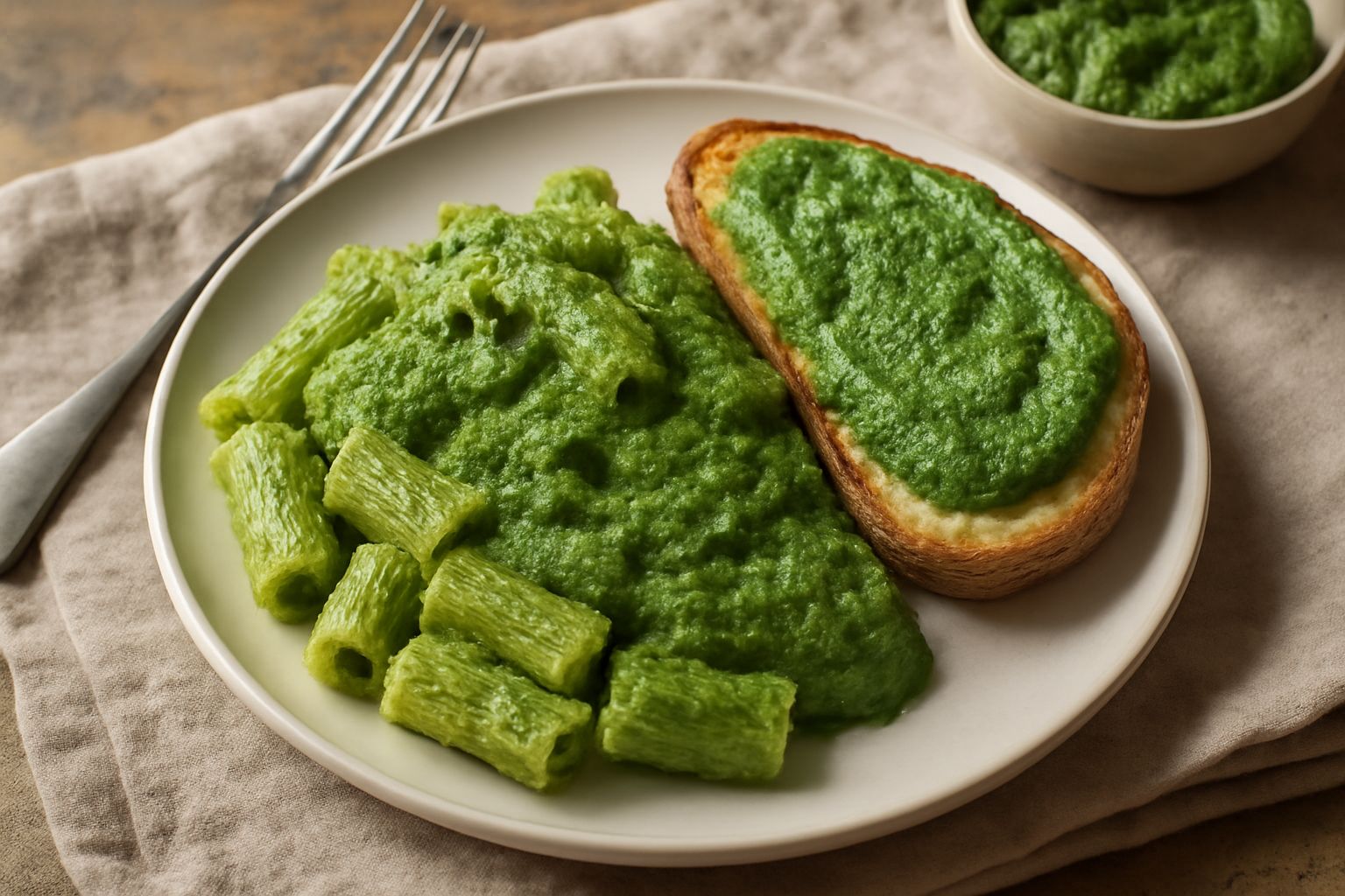 Pesto di basilico riminese di colore verde intenso cremoso in una ciotola bianca, con foglie di basilico fresco e pinoli visibili in superficie, accanto a pane tostato