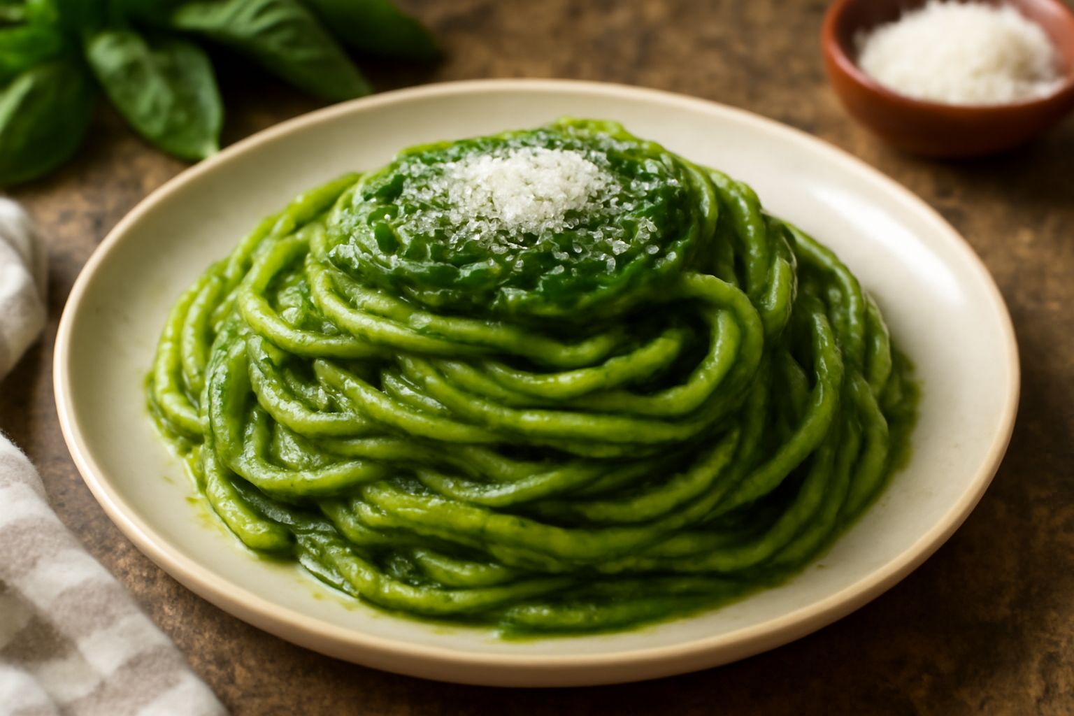 Ciotola di ceramica bianca riempita di pesto verde scuro con striature di olio brillante, cucchiaio di legno dentro, foglie di basilico selvatico fresche accanto, fondo in marmo grigio