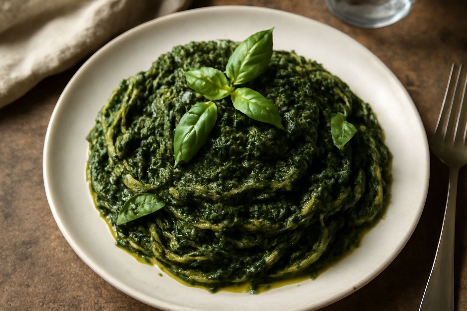 Ciotola di ceramica bianca con pesto verde intenso, grossolane foglie di basilico visibili, condito con basilico fresco e olio d'oliva che brilla in superficie