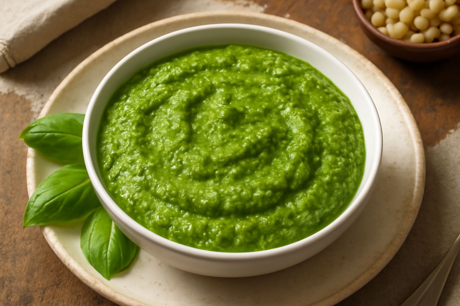 Ciotola bianca con pesto di basilico dal colore verde intenso, cremoso e omogeneo, decorato con una foglia di basilico fresco. Accanto un cucchiaio di legno e qualche foglia sparsa
