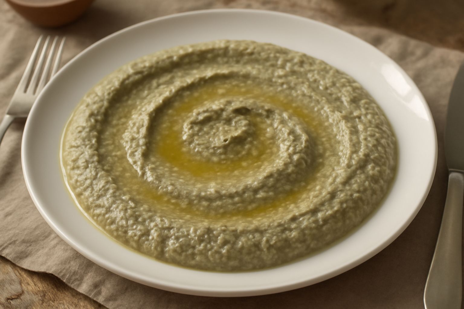 Ciotola di pesto verde intenso di carciofi selvatici, cremoso e denso, con tracce di olio lucido in superficie, servito con pane tostato su un piatto bianco