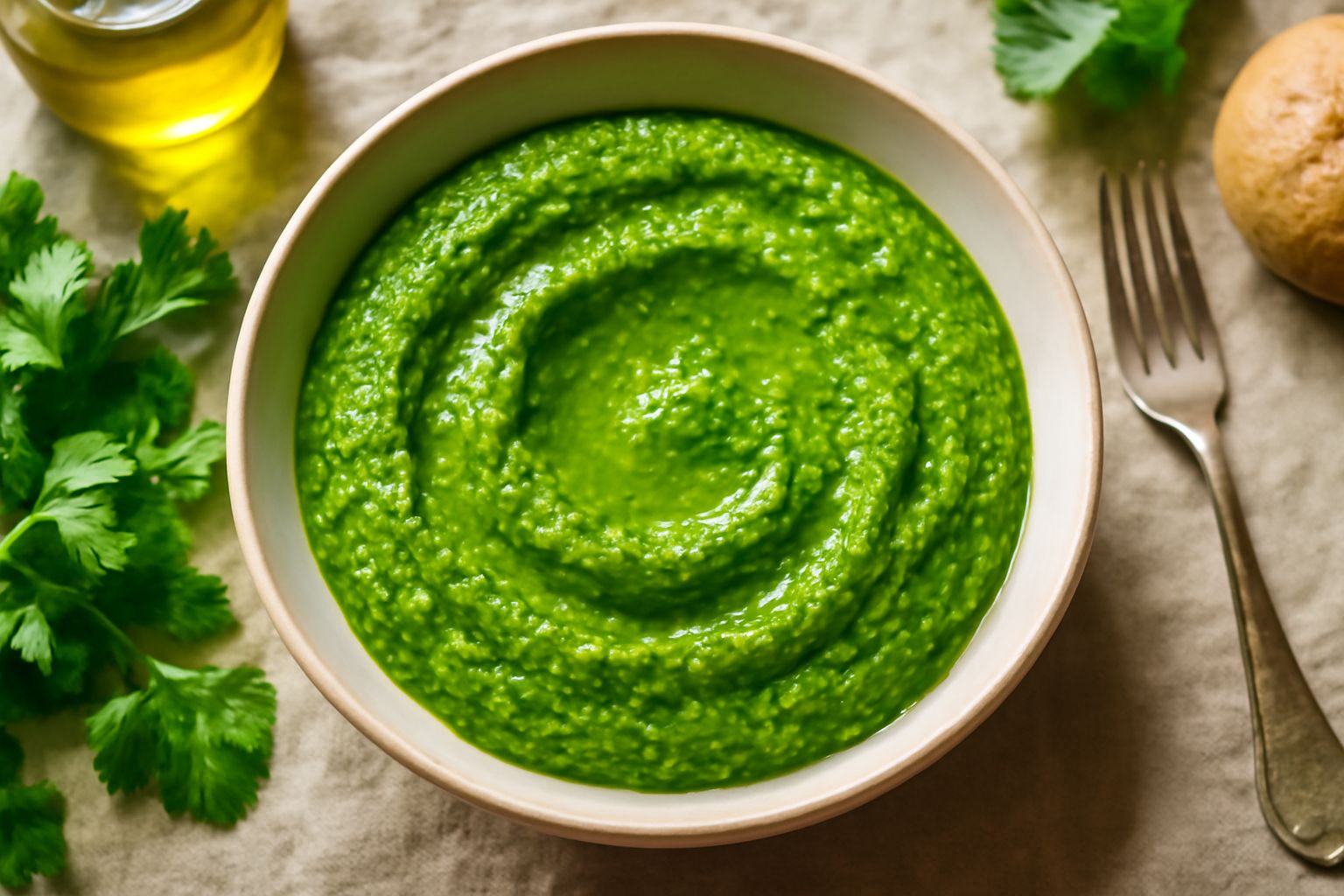 Ciotola di ceramica bianca con pesto di coriandolo verde brillante, liscio e omogeneo, garnito con un rametto di coriandolo fresco e una goccia d'olio d'oliva in superficie