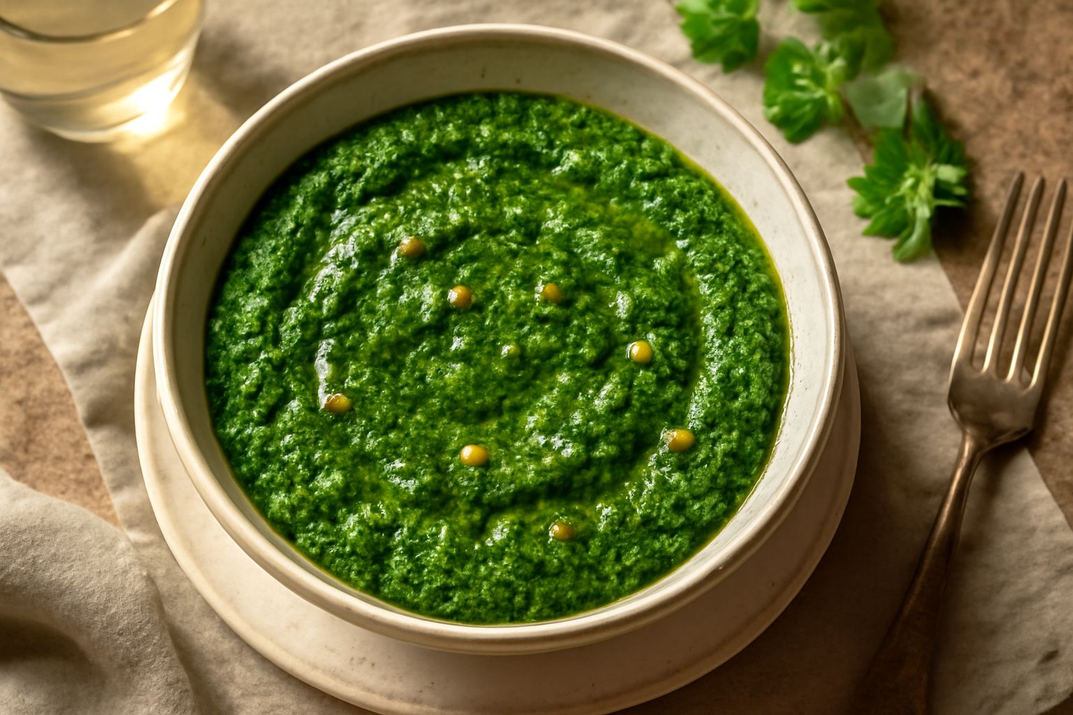 Pesto di erbe aromatiche in una ciotola di ceramica bianca, colore verde intenso, con gocce di olio d'oliva, cucchiaio in legno accanto, foglie di basilico fresche sparse sul tavolo