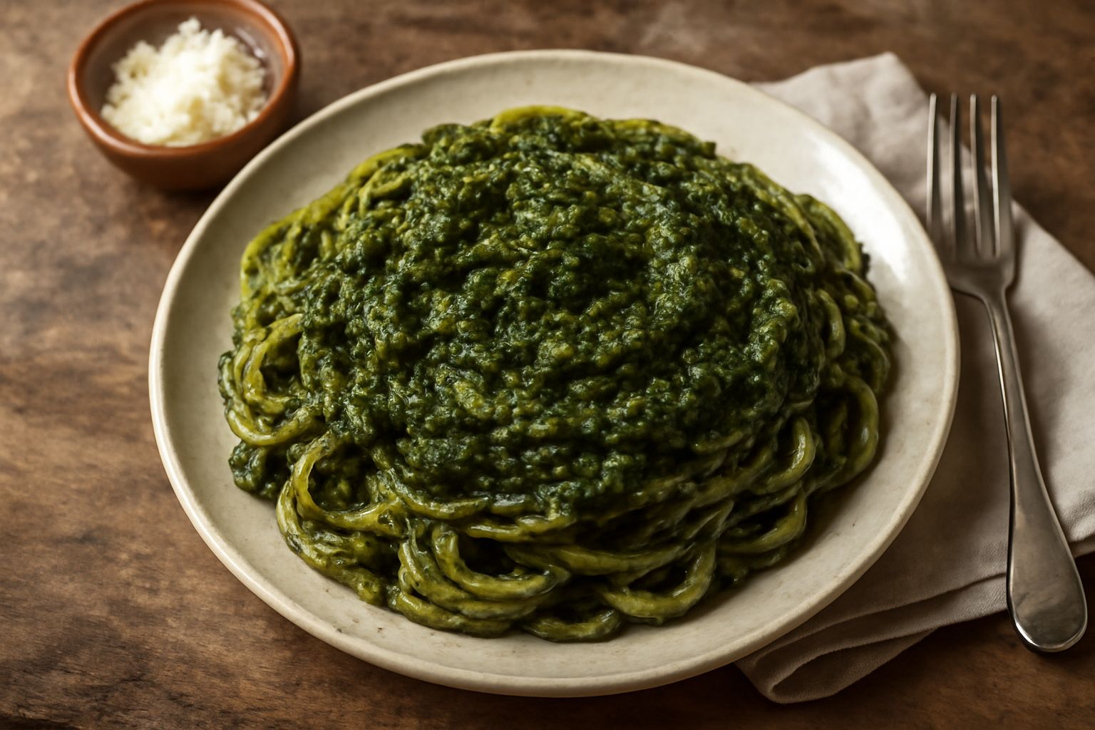 Ciotola in ceramica bianca con pesto di erbe selvatiche dal colore verde scuro, olio che lucida la superficie, cucchiaio d'argento immerso nel pesto, erbe fresche sparse intorno sul piano in legno