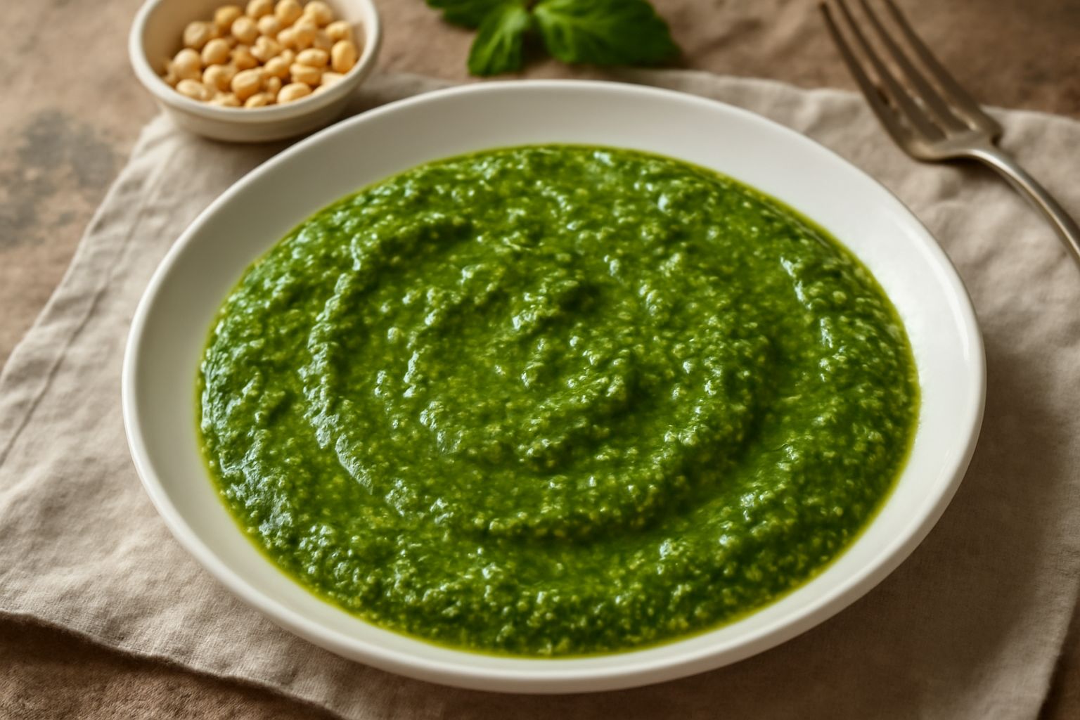 Ciotola di pesto di Genova verde brillante con basilico fresco e pinoli visibili, accompagnato da foglie di basilico, aglio e olio d'oliva su tavolo di legno bianco