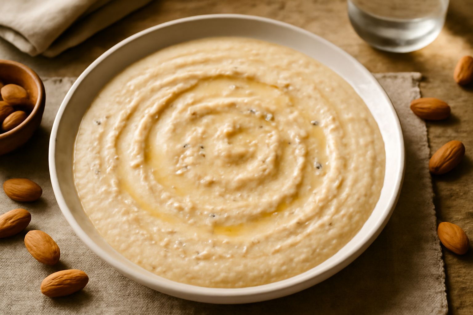 Ciotola di ceramica bianca contenente pesto di mandorle cremoso di colore beige chiaro, ricoperto da un filo di olio d'oliva verde scuro e una manciata di mandorle intere non sgusciate, su sfondo di l