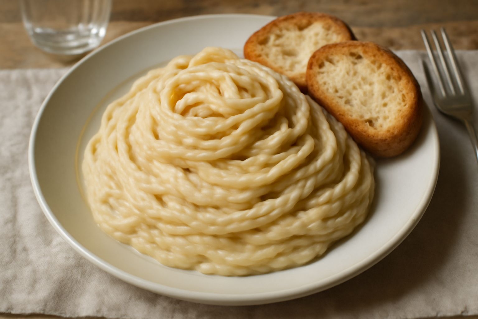 Pesto di mandorle color beige chiaro in una ciotola bianca, con superficie cremosa e morbida, cucchiaio d'argento dentro, fette di pane tostato accanto, mandorle sgusciate sparse intorno