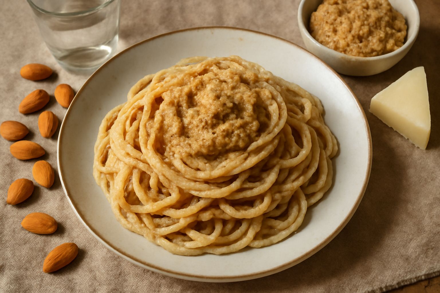 Pesto di mandorle e pecorino di colore beige-marrone con texture cremosa e grumosa, servito in una ciotola di terracotta con mandorle intere sparse intorno e grattugia accanto