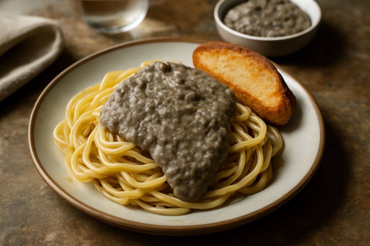 Ciotola di ceramica bianca con pesto di melanzane cremoso di colore grigio-violaceo, con piccoli cubetti di melanzana visibili, qualche foglia di basilico fresco verde su top, accompagnato da un cucch