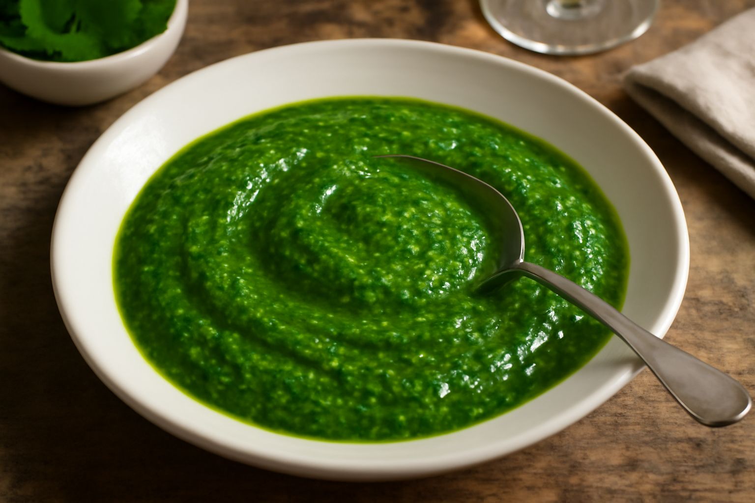 Pesto di mentuccia verde brillante in una ciotola di ceramica bianca, con foglie di mentuccia fresca accanto e un cucchiaio di legno immerso nella salsa cremosa