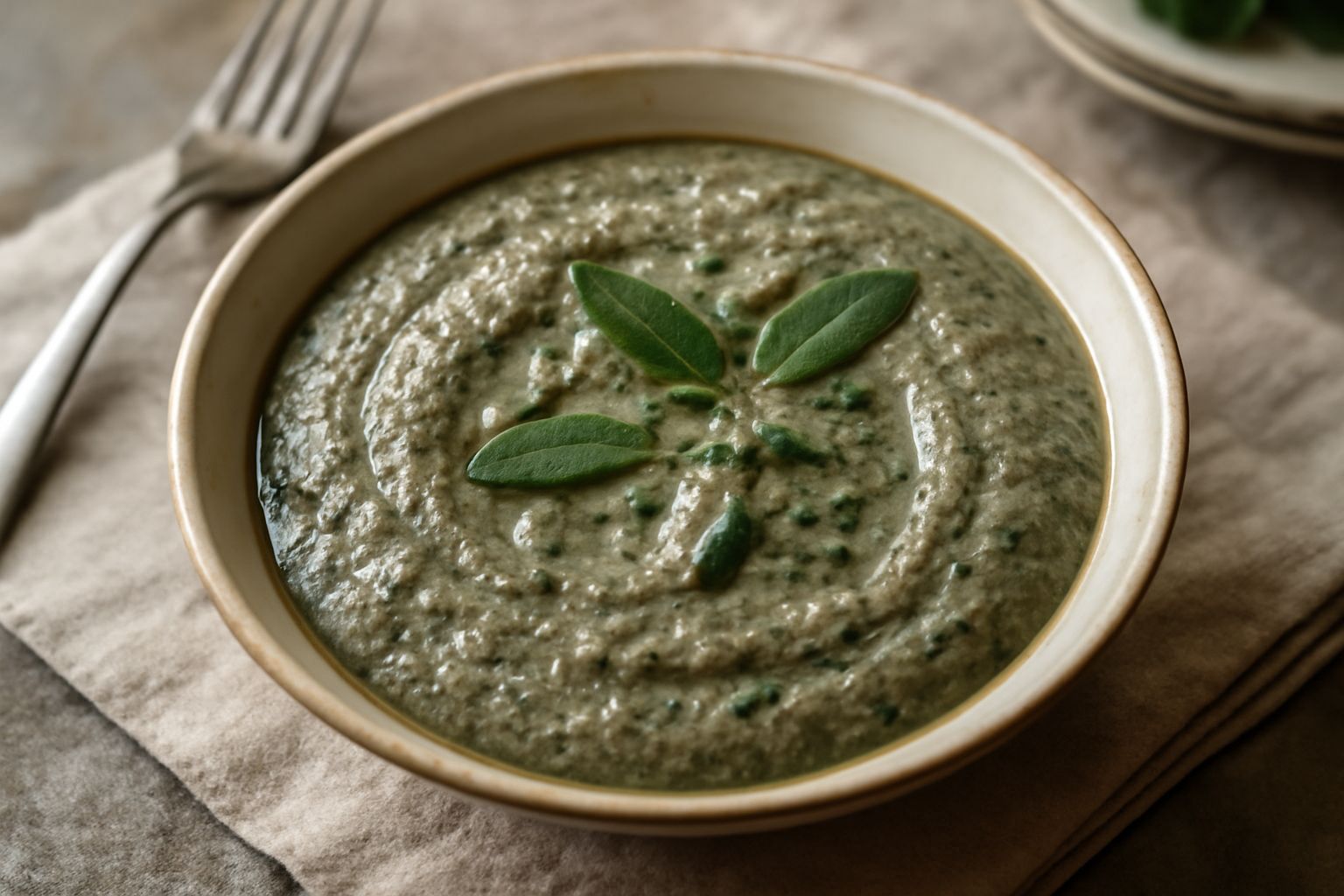 Ciotola di ceramica bianca contenente pesto di mirto color verde intenso con riflessi dorati, accanto rametti di mirto fresco e pinoli sparsi su superficie di legno naturale