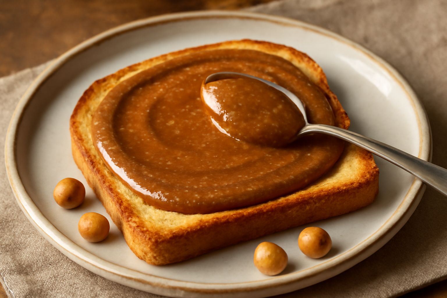Pesto di nocciola marrone e cremoso in una ciotola di ceramica bianca, con cucchiaio di legno, nocciole sgusciate sparse intorno e bottiglia di olio extravergine sullo sfondo