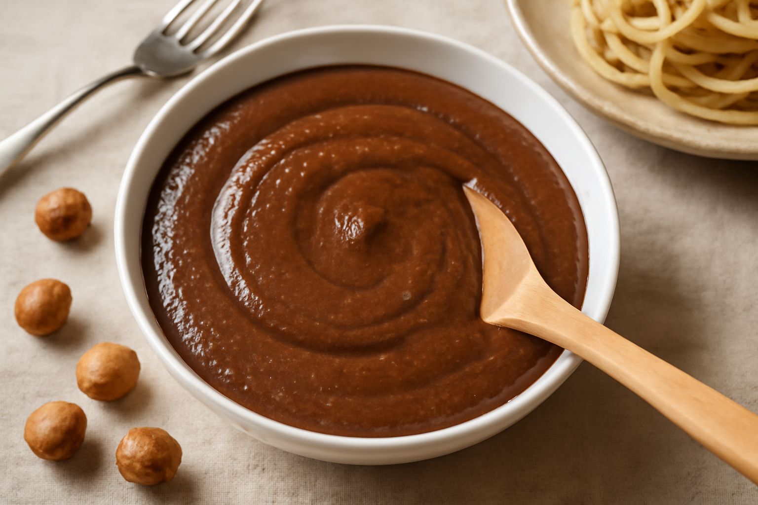 Pesto di nocciole color nocciola scuro in una ciotola bianca, con una spatola di legno dentro, accanto alcuni gusci di nocciola e un rametto di prezzemolo fresco sul piano di lavoro