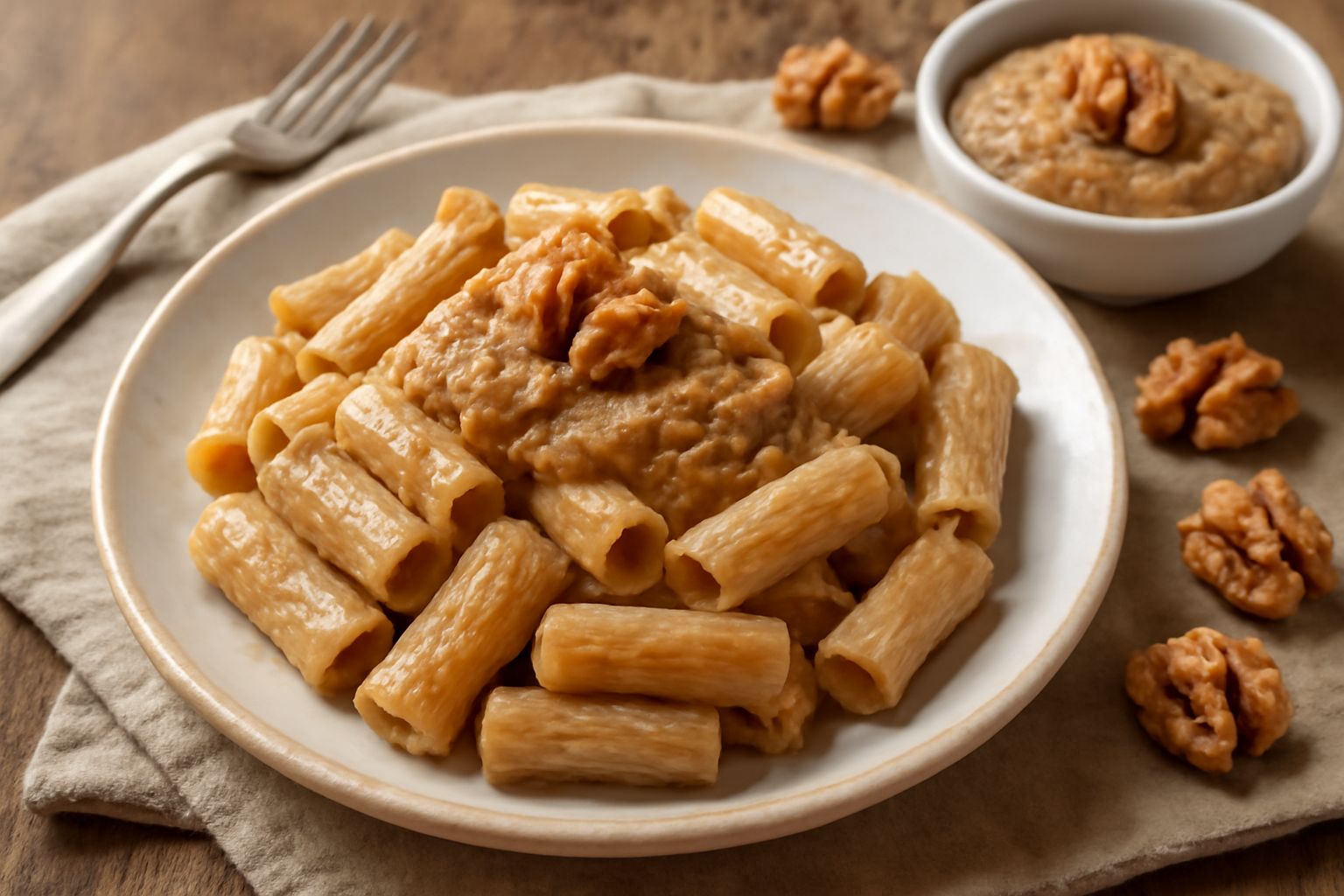 Pesto di noce di colore marrone chiaro in una ciotola di ceramica bianca, con noci intere accanto e un cucchiaio di legno; superficie cremosa e uniforme, guarnita con una fogliolina di prezzemolo