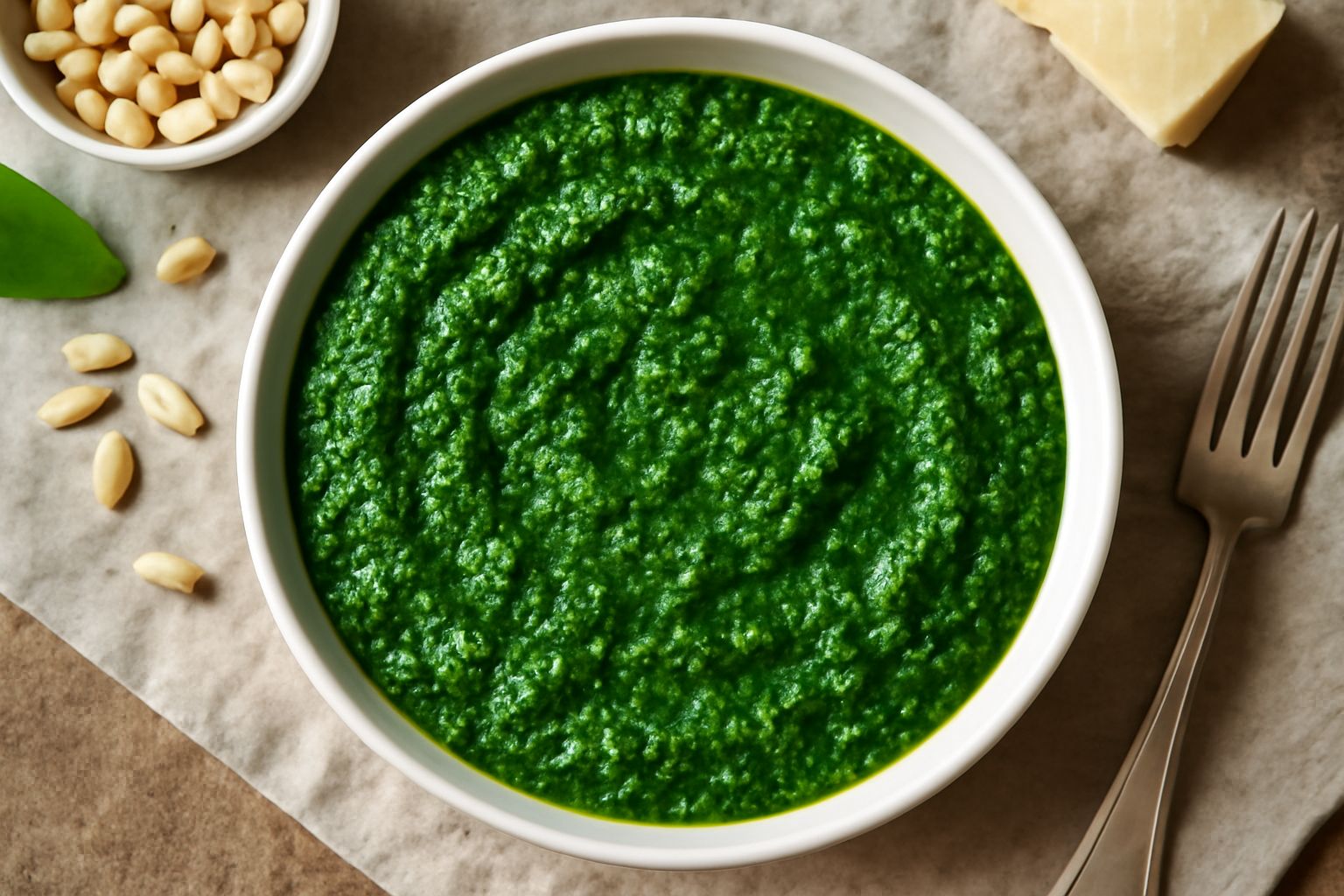 Ciotola di ceramica bianca piena di pesto verde intenso e cremoso con consistenza granulosa, alcuni pinoli visibili in superficie, accanto un ramo di basilico fresco e una grattugia di legno con Parmi