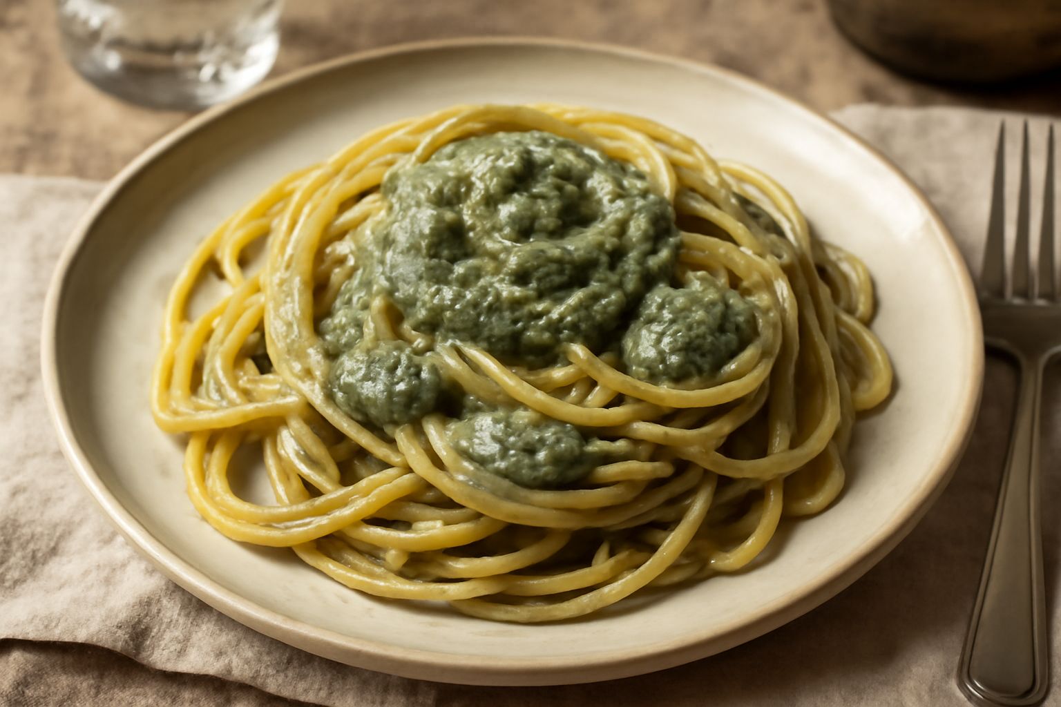 Pesto di pistacchio di colore verde salvia cremoso in una ciotola di ceramica bianca, con pistacchio sgusciato accanto e un cucchiaio di legno immerso nel condimento