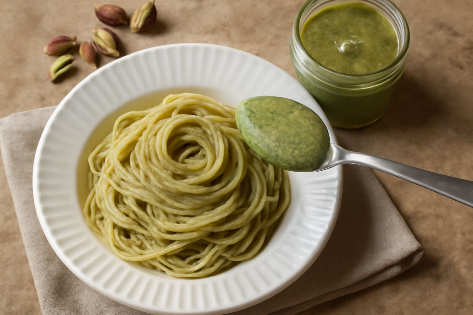 Barattolo trasparente di vetro pieno di pesto di pistacchio color verde salvia coperto di olio d'oliva, accanto a pistacchio sgusciato e un cucchiaio di legno