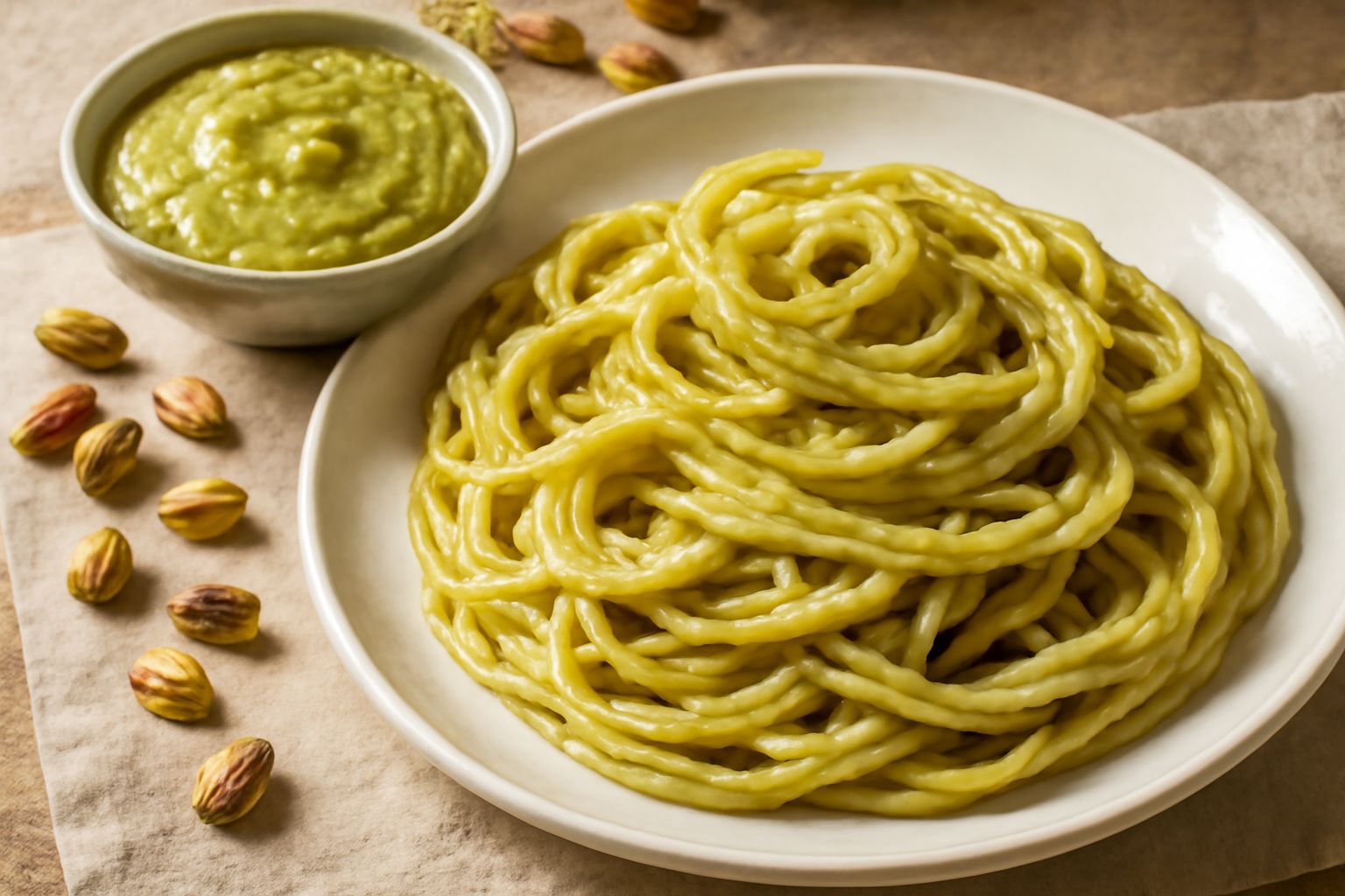 Pesto di pistacchio verde intenso in una ciotola di ceramica bianca, con granuli di pistacchio visibili, cucchiaio di legno, focaccia tostata e rametti di basilico fresco sul fianco