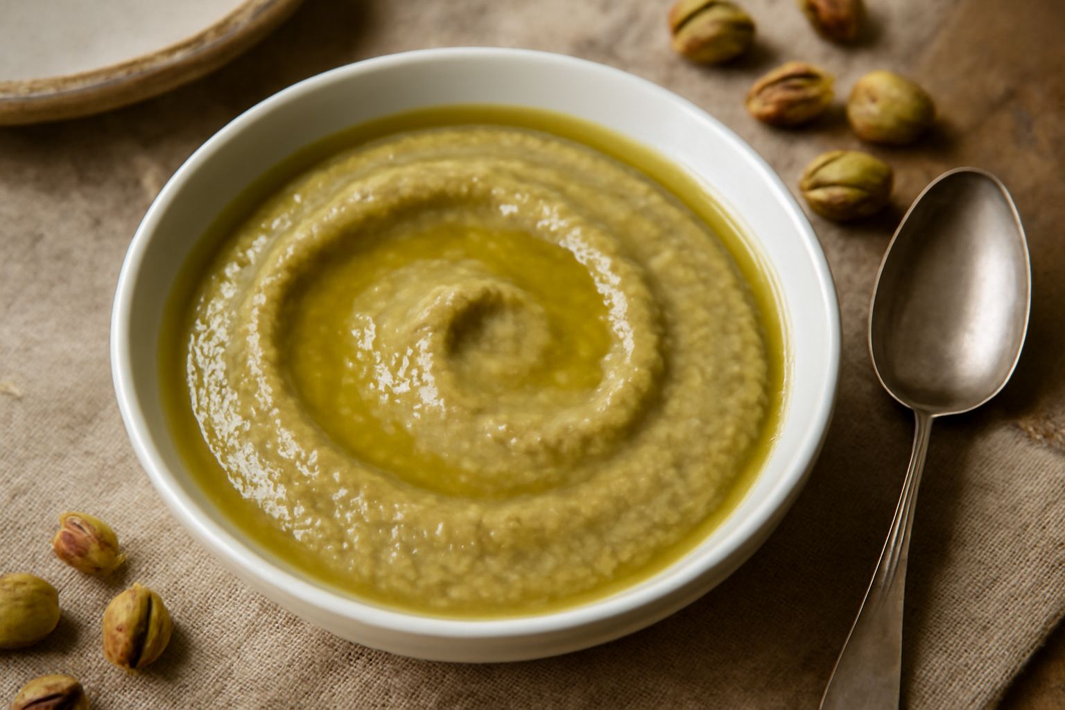 Ciotola di ceramica bianca contenente pesto di pistacchio di colore verde pallido con riflessi oleosi, superficie cremosa e omogenea, coperto da un sottile strato di olio extravergine trasparente, con